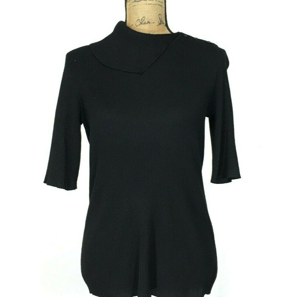 NWT Chicos‎ Top 0 US XS/S Black Rib Knit Kira Envelope Collar Short Sl Career
